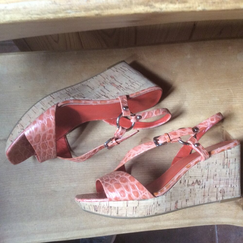 Franco Sarto Animal Print Strappy Square Toe Boho Cork Wedges Size 8 M